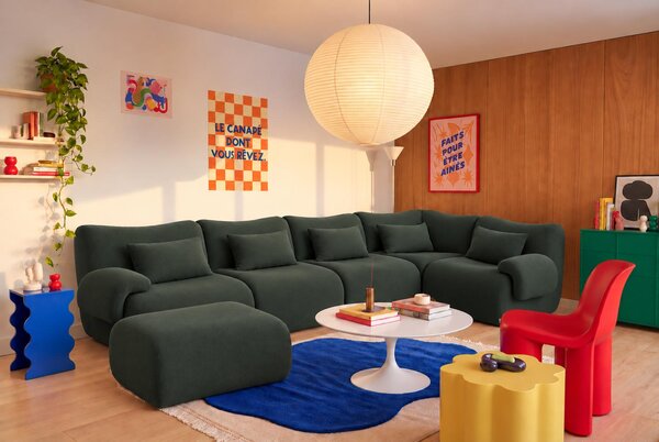 MILYSOFA SOFATIME – 5místná modulární rohová pohovka s lehátkem, jemná smyčková látka, lesní zelená