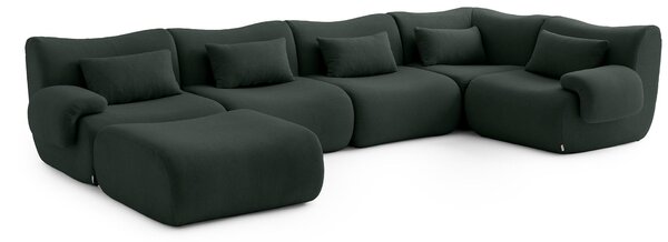 MILYSOFA SOFATIME – 5místná modulární rohová pohovka s lehátkem, jemná smyčková látka, lesní zelená