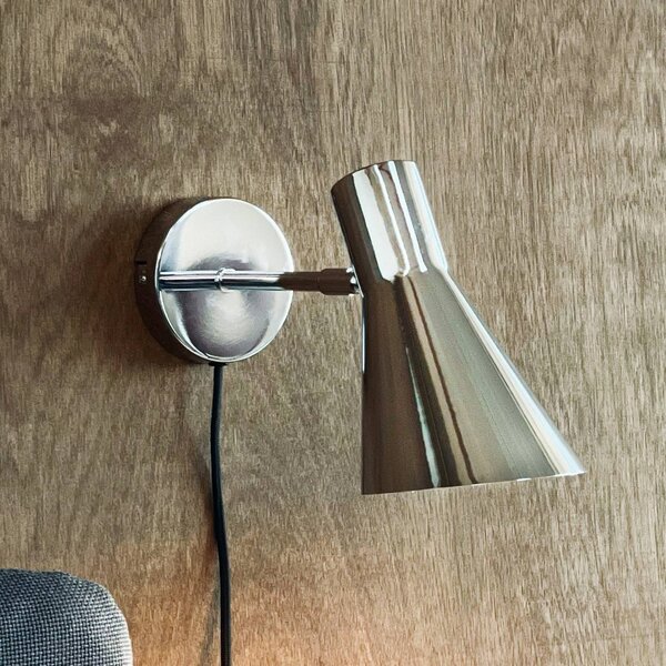 Dyberg Larsen Nástěnné světlo DL12, chrom, kabel, E27, kov, Chrom / stříbro, Obývací pokoj / jídelna, kov, Design