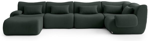 MILYSOFA SOFATIME – 5místná modulární rohová pohovka s lehátkem, jemná smyčková látka, lesní zelená
