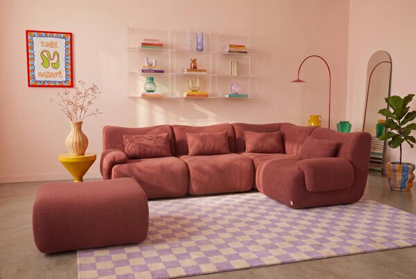 MILYSOFA SOFATIME – 4místná modulární rohová pohovka s lehátkem, jemná smyčková látka, terakotově červená