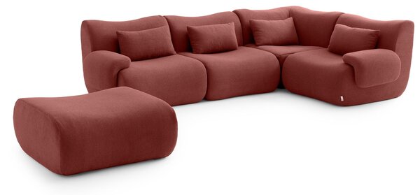 MILYSOFA SOFATIME – 4místná modulární rohová pohovka s lehátkem, jemná smyčková látka, terakotově červená