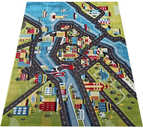 Makro Abra Dětský kusový koberec Uličky Color Kids 03 Ceta Domy Řeka Lodě zelený modrý Rozměr: 150x200 cm
