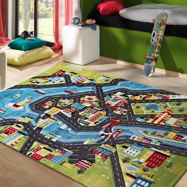 Makro Abra Dětský kusový koberec Uličky Color Kids 03 Ceta Domy Řeka Lodě zelený modrý Rozměr: 150x200 cm