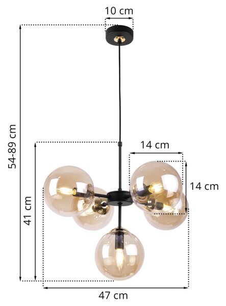 Light for home - Černozlatá Regulovatelná Stropní Lampa se 5 Medově Transparentními Foukanými Stínidly "IMPERIA", 5x40W, E14, Černá