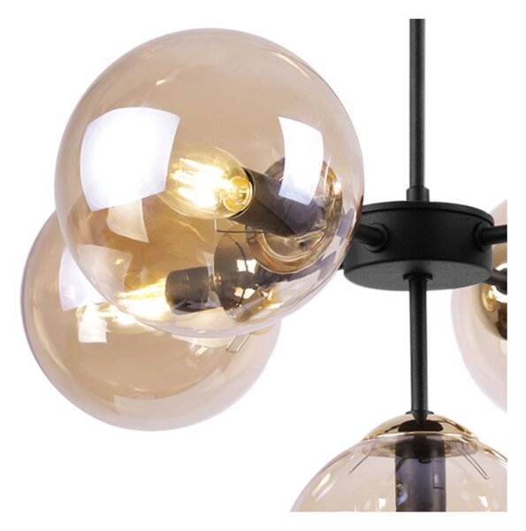 Light for home - Černozlatá Regulovatelná Stropní Lampa se 5 Medově Transparentními Foukanými Stínidly "IMPERIA", 5x40W, E14, Černá