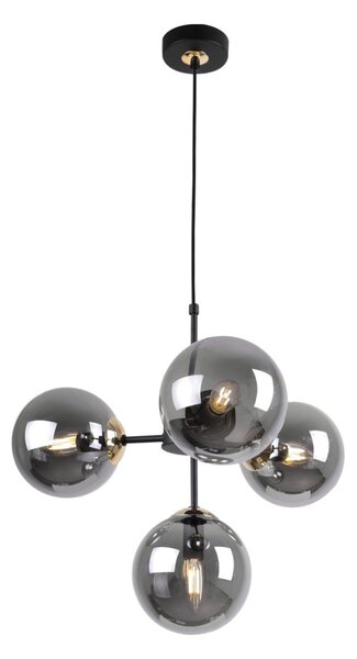 Light for home - Černé Závěsné Svítidlo se Zlatými Prvky a Regulací Délky, 4 Grafitová Transparentní Stínidla "IMPERIA", 4x40W, E14, Černá