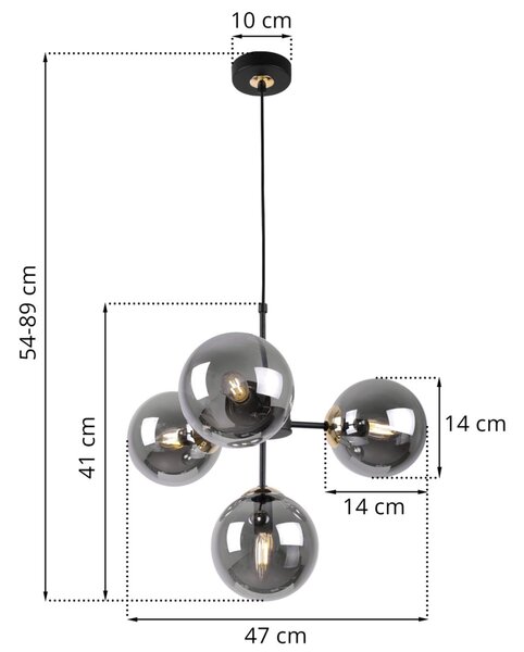 Light for home - Černé Závěsné Svítidlo se Zlatými Prvky a Regulací Délky, 4 Grafitová Transparentní Stínidla "IMPERIA", 4x40W, E14, Černá