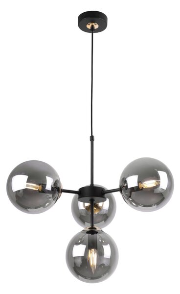 Light for home - Černé Závěsné Svítidlo se Zlatými Prvky a Regulací Délky, 4 Grafitová Transparentní Stínidla "IMPERIA", 4x40W, E14, Černá
