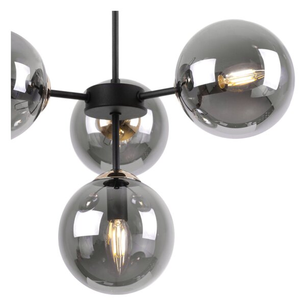 Light for home - Černé Závěsné Svítidlo se Zlatými Prvky a Regulací Délky, 4 Grafitová Transparentní Stínidla "IMPERIA", 4x40W, E14, Černá