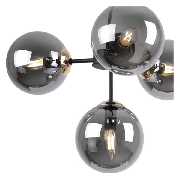 Light for home - Černé Závěsné Svítidlo se Zlatými Prvky a Regulací Délky, 4 Grafitová Transparentní Stínidla "IMPERIA", 4x40W, E14, Černá
