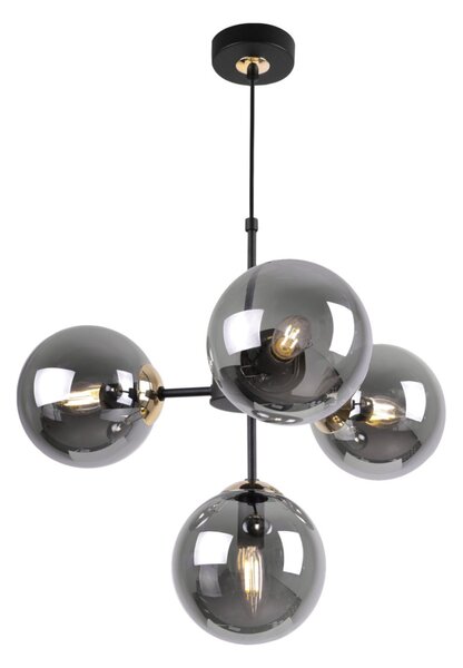 Light for home - Černé Závěsné Svítidlo se Zlatými Prvky a Regulací Délky, 4 Grafitová Transparentní Stínidla "IMPERIA", 4x40W, E14, Černá