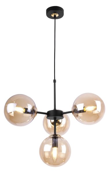 Light for home - Černozlaté kuchyňské závěsné svítidlo s regulací délky a medovými průhlednými stínidly"IMPERIA", 4x40W, E14, Černá