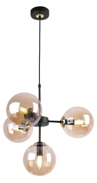Light for home - Černozlaté kuchyňské závěsné svítidlo s regulací délky a medovými průhlednými stínidly"IMPERIA", 4x40W, E14, Černá