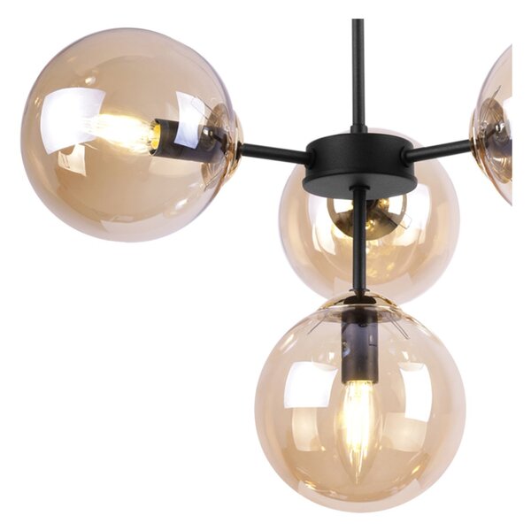 Light for home - Černozlaté kuchyňské závěsné svítidlo s regulací délky a medovými průhlednými stínidly"IMPERIA", 4x40W, E14, Černá