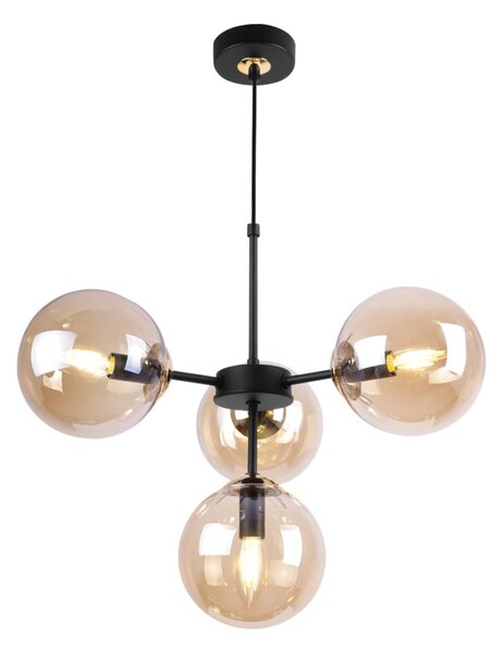 Light for home - Černozlaté kuchyňské závěsné svítidlo s regulací délky a medovými průhlednými stínidly"IMPERIA", 4x40W, E14, Černá