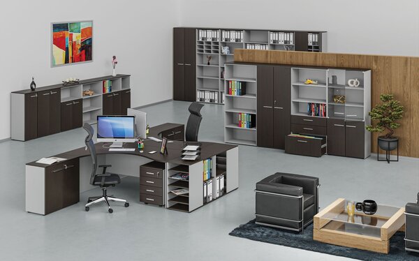 Přístavná policová skříňka k pracovnímu stolu PRIMO GRAY, pravá, šedá/wenge