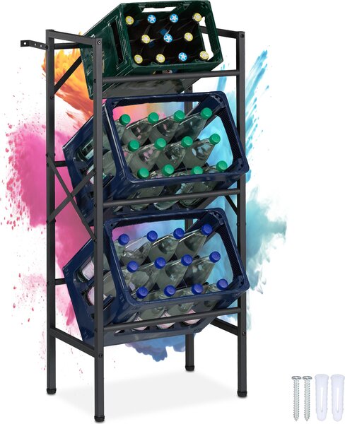 Relaxdays regál na bedny s nápoji, VxxH: 109x49x32 cm, nosnost 450 kg, 3 bedny, ocel, stojan na bedny s nápoji, regál na bedny, erný