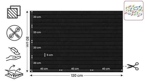 Filcové panely na zeď 120×80 cm černé, Z12_FELT40x20BLACK