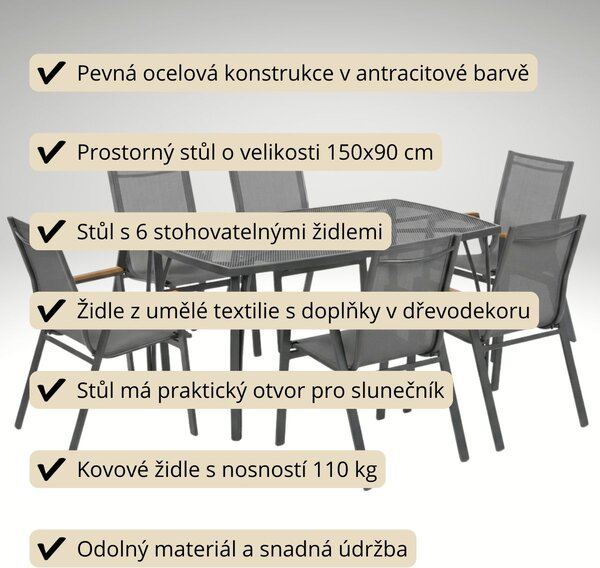 Vikio Zahradní jídelní kovový set pro 6 osob V126T antracit