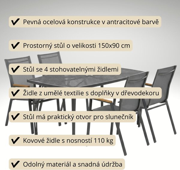 Vikio Zahradní jídelní kovový set pro 4 osoby V124T antracit