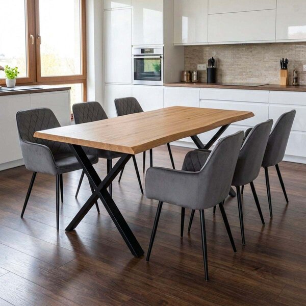 Vikio Jídelní set pro 6 osob 180x90 cm soft dub noha X šedá židle s područkami VJS228-6S