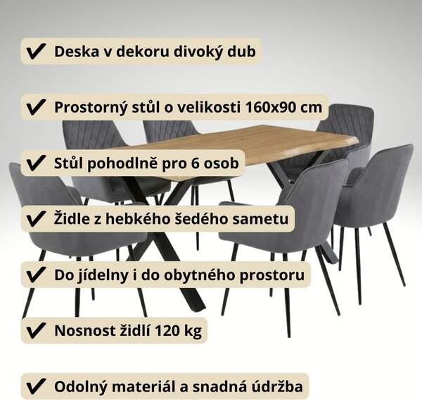Vikio Jídelní set pro 6 osob 160x90 cm soft dub noha X šedá židle s područkami VJS226-6S