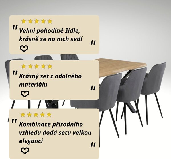 Vikio Jídelní set pro 6 osob 180x90 cm soft dub noha X šedá židle s područkami VJS228-6S