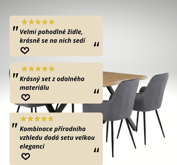 Vikio Jídelní set pro 4 osoby 160x90 cm soft dub noha X šedá židle s područkami VJS226-4S