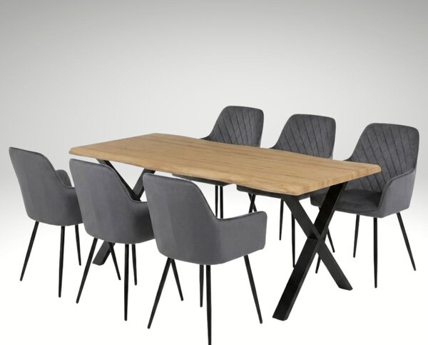 Vikio Jídelní set pro 6 osob 180x90 cm soft dub noha X šedá židle s područkami VJS228-6S