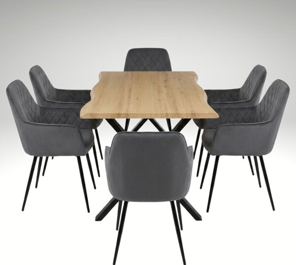 Vikio Jídelní set pro 6 osob 160x90 cm soft dub noha X šedá židle s područkami VJS226-6S
