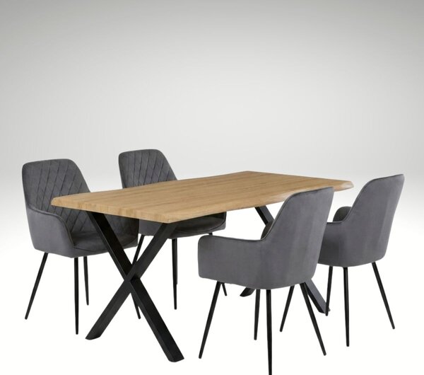 Vikio Jídelní set pro 4 osoby 160x90 cm soft dub noha X šedá židle s područkami VJS226-4S
