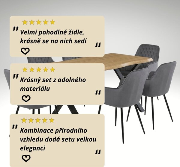 Vikio Jídelní set pro 6 osob 160x90 cm soft dub noha X šedá židle s područkami VJS226-6S