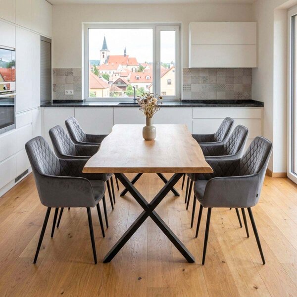 Vikio Jídelní set pro 6 osob 180x90 cm soft dub noha X šedá židle s područkami VJS228-6S