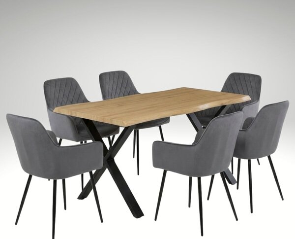 Vikio Jídelní set pro 6 osob 160x90 cm soft dub noha X šedá židle s područkami VJS226-6S