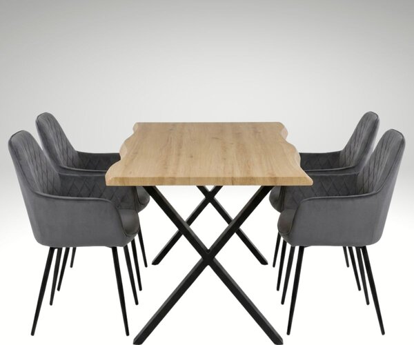 Vikio Jídelní set pro 4 osoby 160x90 cm soft dub noha X šedá židle s područkami VJS226-4S