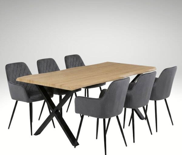 Vikio Jídelní set pro 6 osob 180x90 cm soft dub noha X šedá židle s područkami VJS228-6S