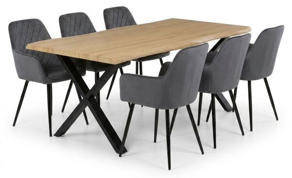Vikio Jídelní set pro 6 osob 180x90 cm soft dub noha X šedá židle s područkami VJS228-6S