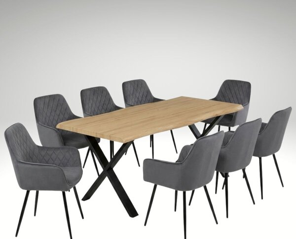 Vikio Jídelní set pro 8 osob 180x90 cm soft dub noha X šedá židle s područkami VJS228-8S