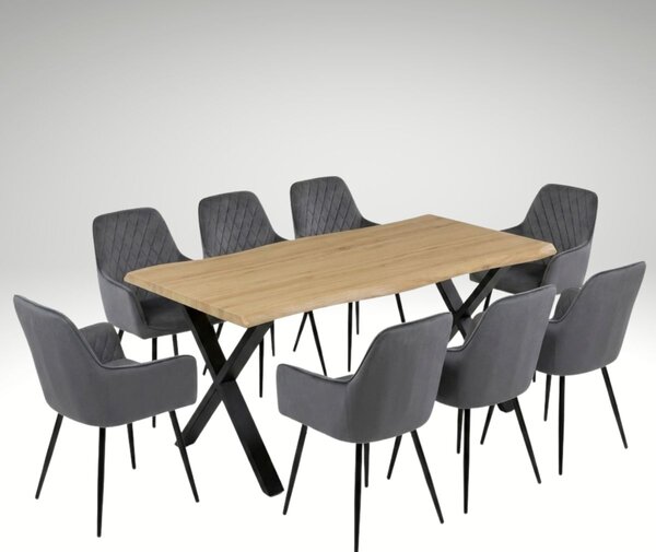 Vikio Jídelní set pro 8 osob 180x90 cm soft dub noha X šedá židle s područkami VJS228-8S