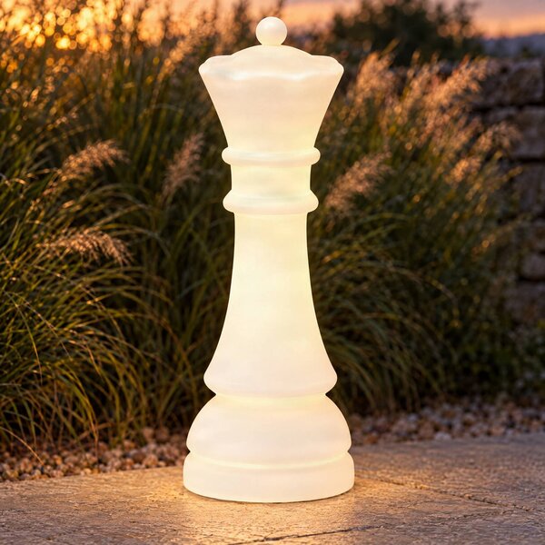 Lucande LED stojací lampa Gambi, šachová figurka dáma, IP44, stmívatelný, Bílá / opál, Plast, Design