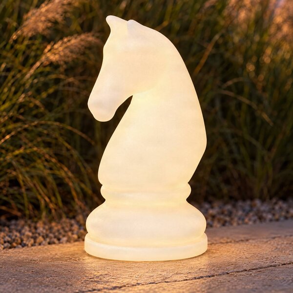 Lucande LED stojací lampa Gambi, šachová figurka – jezdec, IP44, stmívatelný, Bílá / opál, Plast, Design