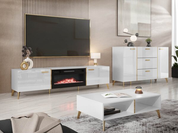 Nábytek do obývacího pokoje Rostiv I, Barva: bílá / bílý lesk + zlatá 5903211405617