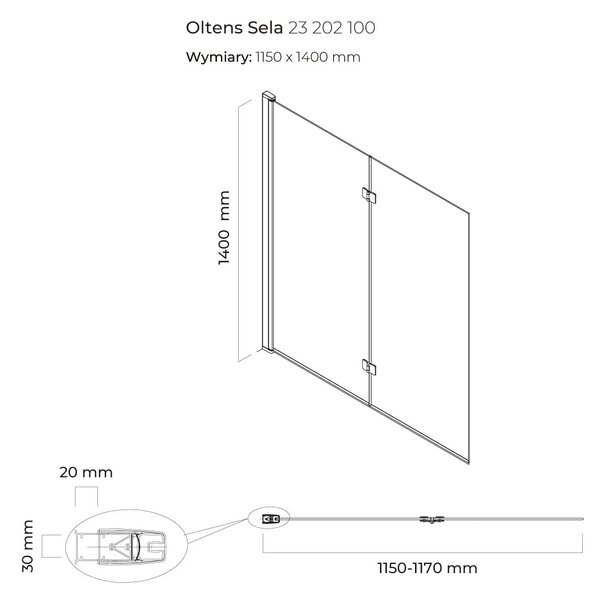 Oltens Sela vanová zástěna 115 cm dvoudílný chrom lesk/čiré sklo 23202100