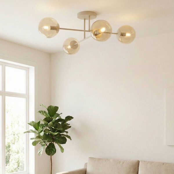 EMIBIG LIGHTING Stropní světlo ROMA, béžové, délka 75 cm, 4ramenné, sklo/kov, stmívatelný, Krémová / jantar, Obývací pokoj / jídelna, Sklo, Moderní, Koule
