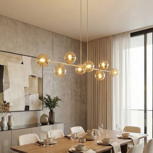 EMIBIG LIGHTING Závěsné světlo Rossi, béžové, délka 130 cm, 8ramenné, sklo/kov, stmívatelný, Krémová / jantar, Obývací pokoj / jídelna, Sklo, Moderní, Koule