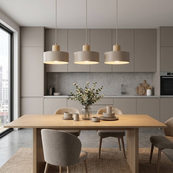 EMIBIG LIGHTING Závěsné světlo Torin, béžové, délka 80 cm, 3 žárovky, kov/dřevo, stmívatelný, Krémová / jantar, Obývací pokoj / jídelna, kov, Skandinávský