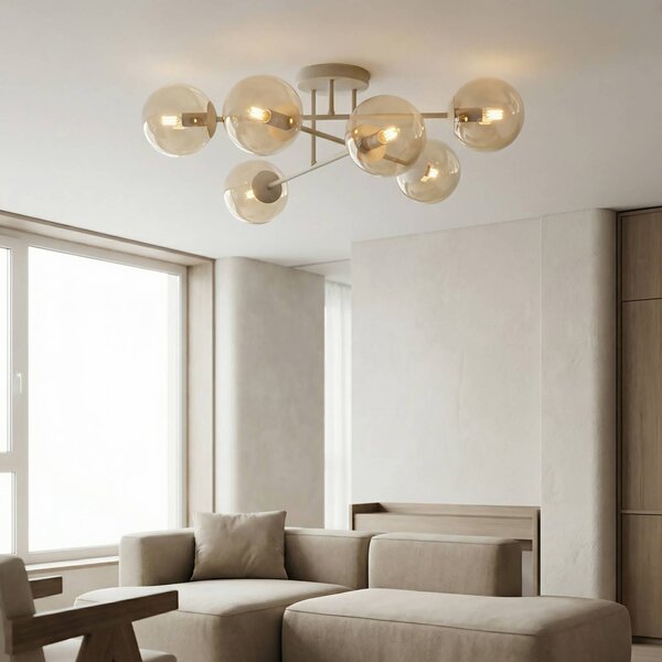 EMIBIG LIGHTING Stropní světlo ROMA, béžové, Ø 75 cm, 6žárovkové, sklo/kov, E14, stmívatelný, Krémová / jantar, Obývací pokoj / jídelna, Sklo, Moderní, Koule