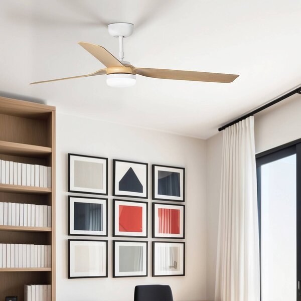 FARO BARCELONA LED stropní ventilátor Punt M bílý/dřevo DC tichý Ø 130 cm, stmívatelný, Bílá / opál, Obývací pokoj / jídelna, kov, Moderní