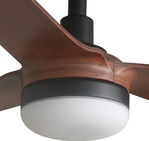 FARO BARCELONA LED stropní ventilátor Punt M, černý/dřevo, DC, tichý, 130 cm, stmívatelný, Černá, Obývací pokoj / jídelna, kov, Moderní